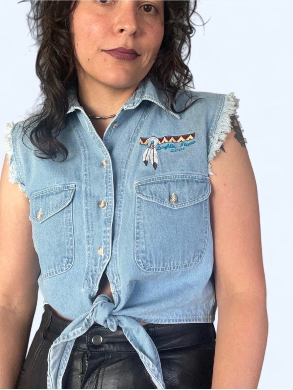Light Wash Denim Tie-Front Top with Embroidered Detail